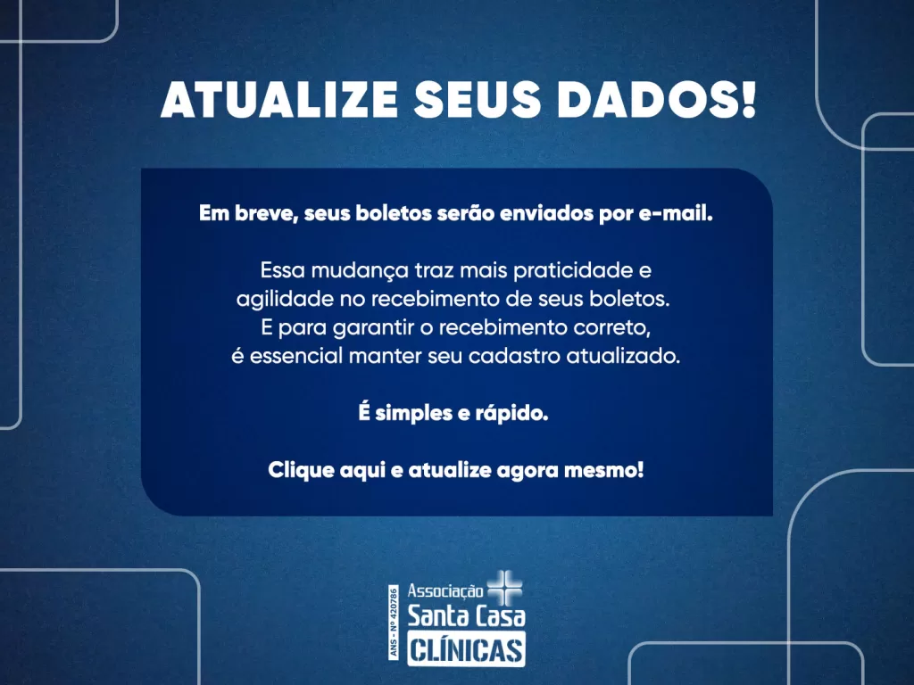 Atualize seus dados!
Em breve, seus boletos serão enviados por e-mail.
Clique aqui e atualize agora mesmo!